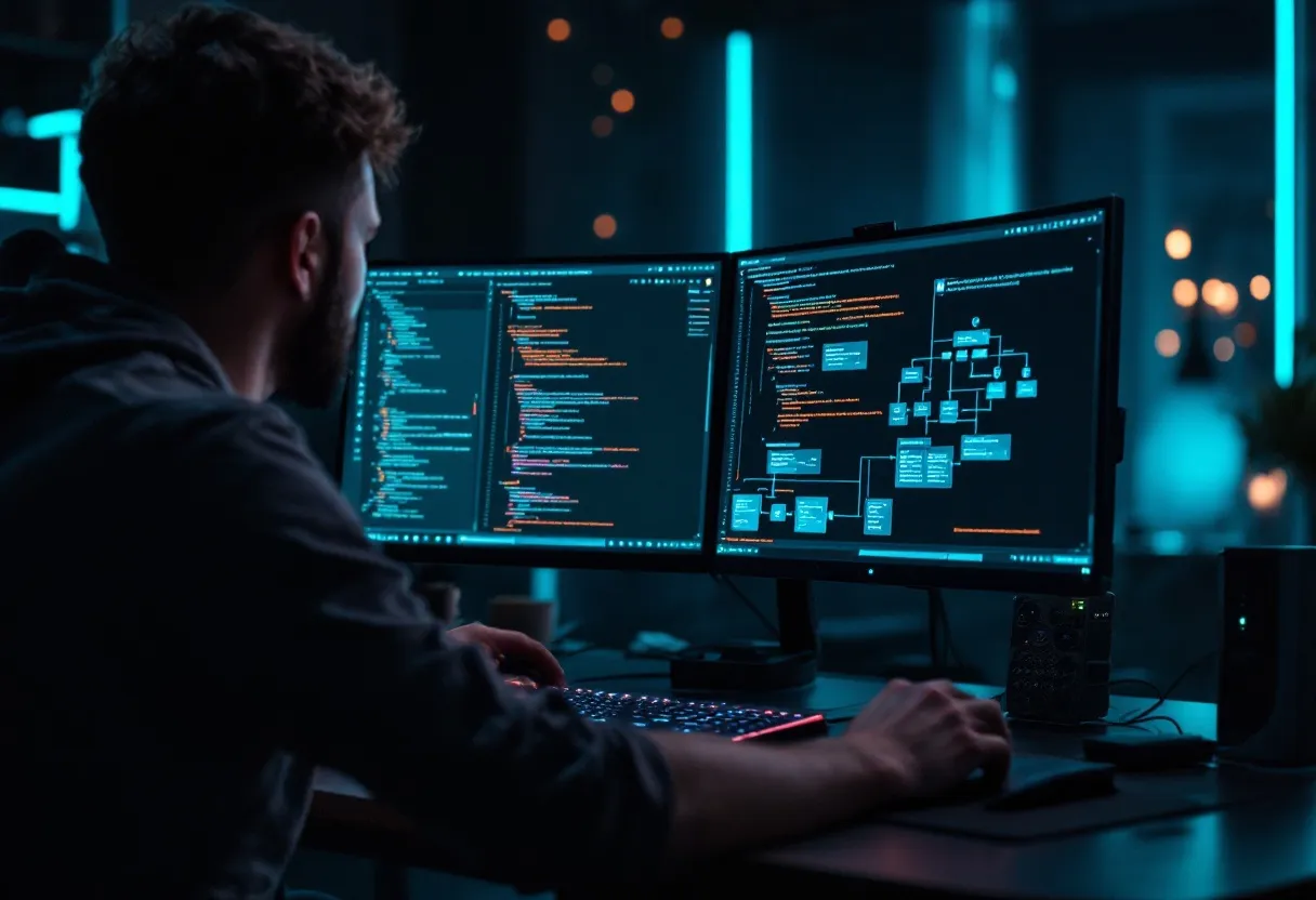 Over-the-shoulder view of a laptop displaying system architecture diagrams