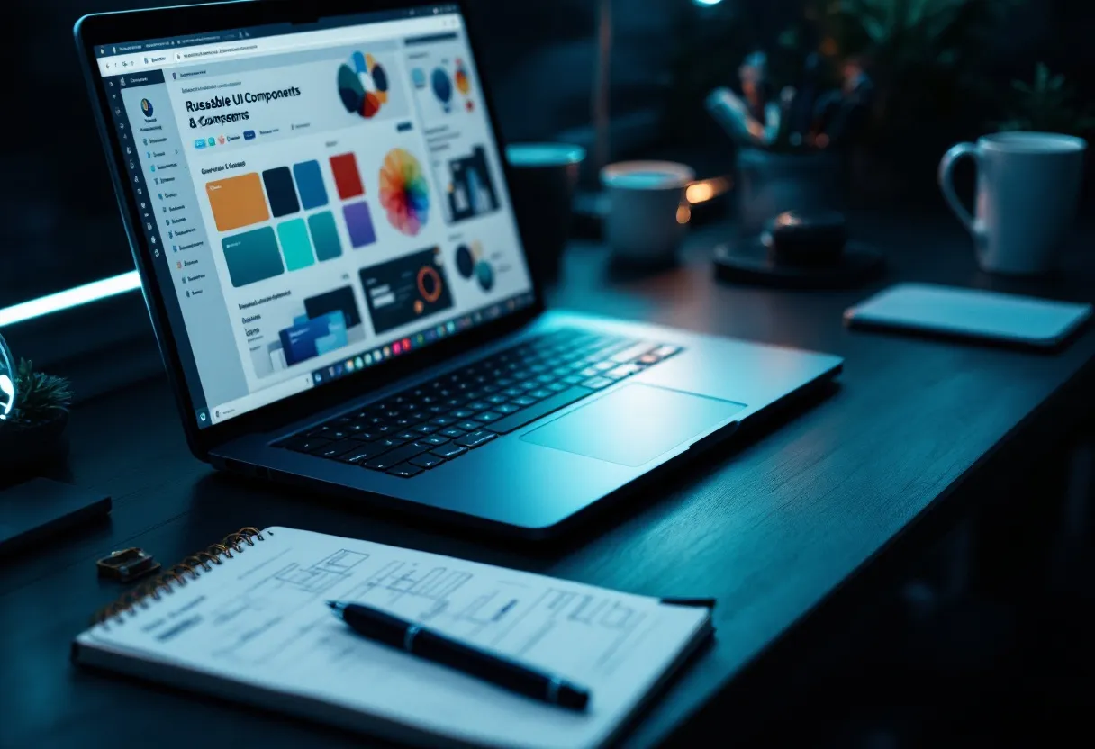 A design-system library with colour swatches and spacing tokens on a laptop in a dark studio