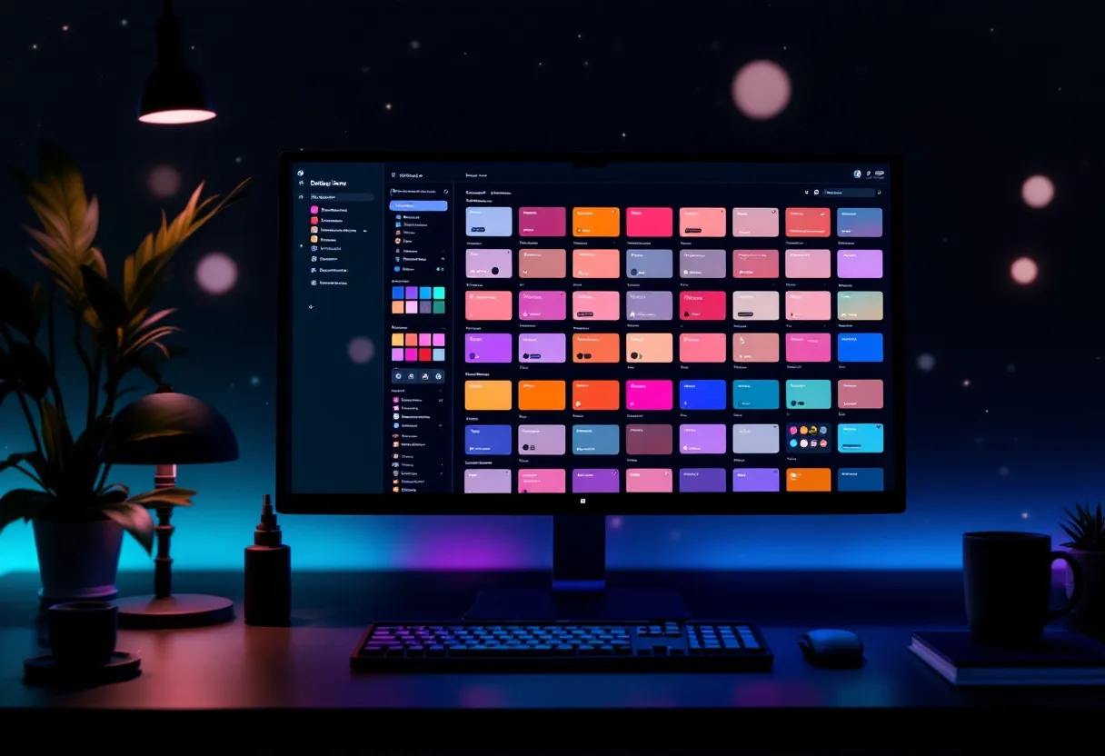 Modular UI components and design tokens glowing in dark space