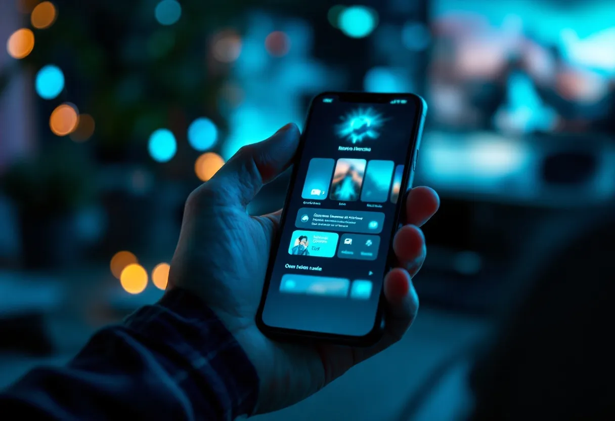 A smartphone showing an abstract mobile app UI in a dark setting