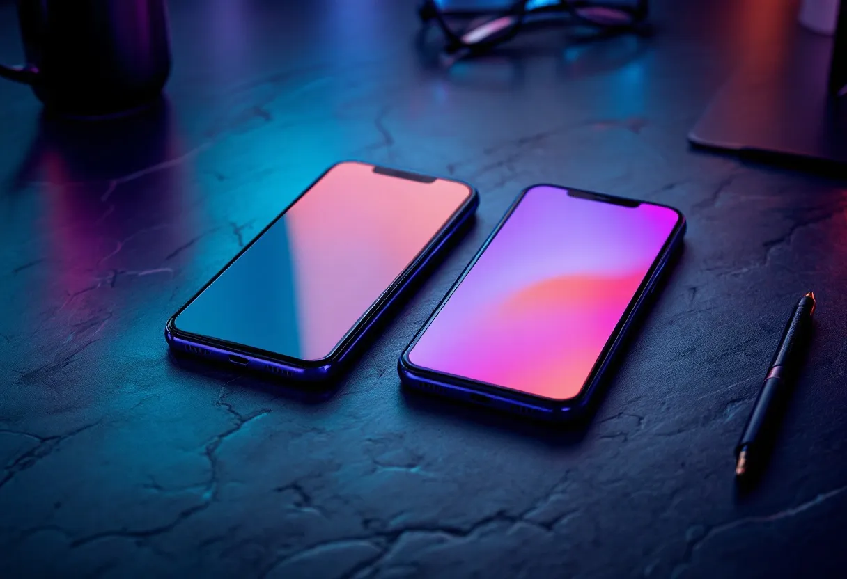 Two smartphones floating in dark space with glowing app interfaces