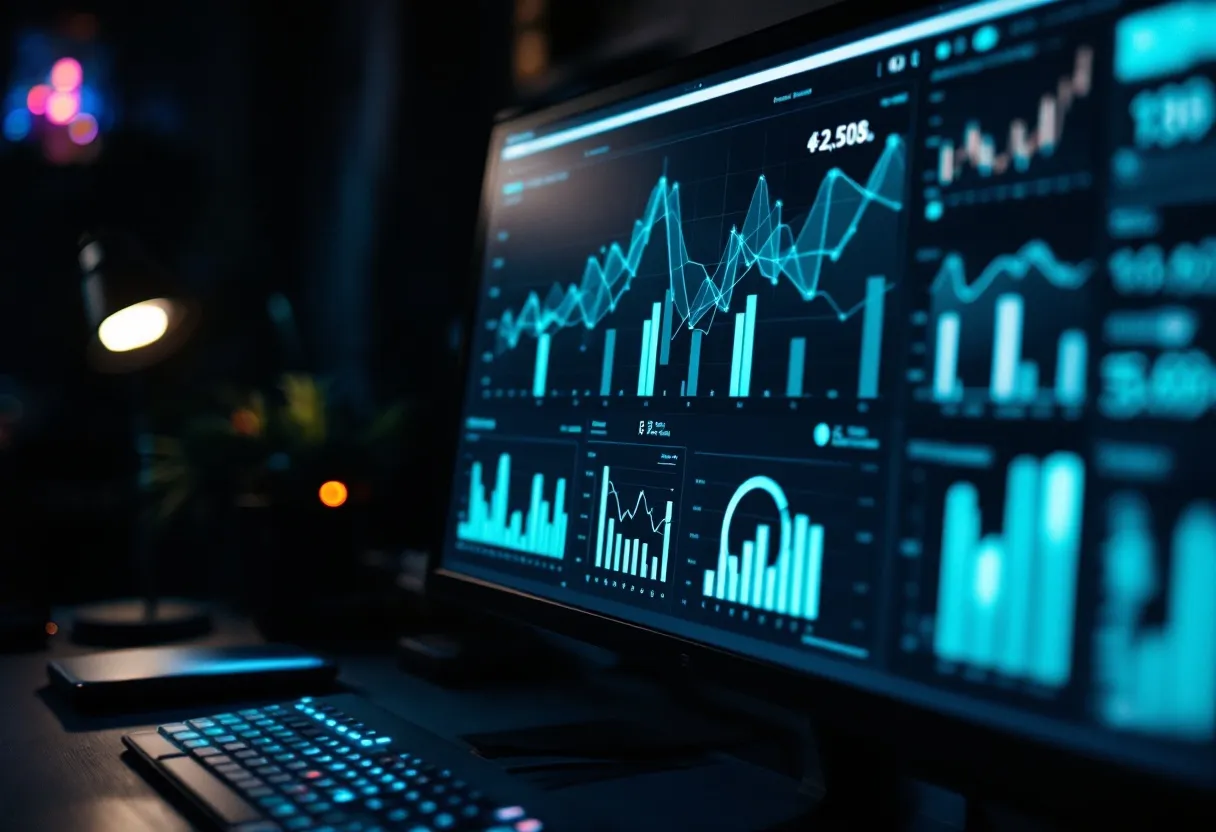 Analytics dashboards glowing in a dark room with search-performance charts