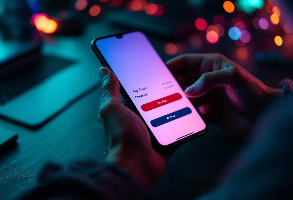 A clean minimal mobile checkout screen with trust badges glowing in the dark