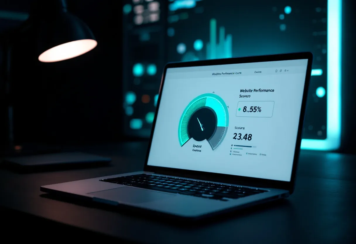 A performance gauge glowing teal in dark space with motion light streaks